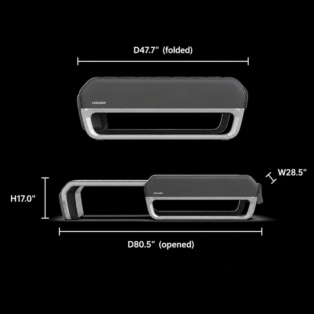 Technical diagram showing the Ceragem V7 massage bed in both folded and fully opened positions, with labeled dimensions for length, width, and height on a black background.