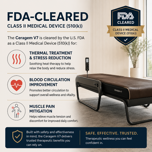 Square promotional graphic of the Ceragem V7 massage bed highlighting FDA-cleared Class II medical device status, with icons for thermal therapy, circulation improvement, and muscle pain relief.