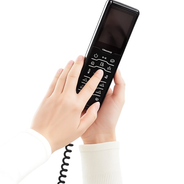 Close-up of hands holding a black Ceragem V7 massage bed remote with a digital screen and illuminated control buttons against a clean, light background.