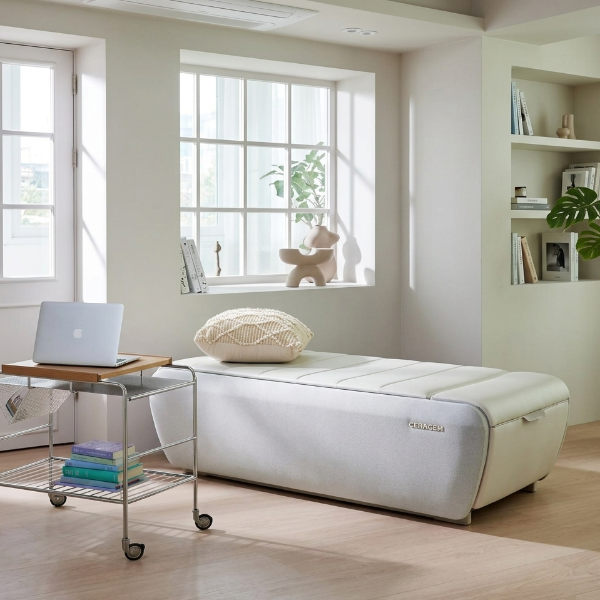 CERAGEM V9 massage bed with sleek, foldable Good Design Award–winning design in a modern living space.