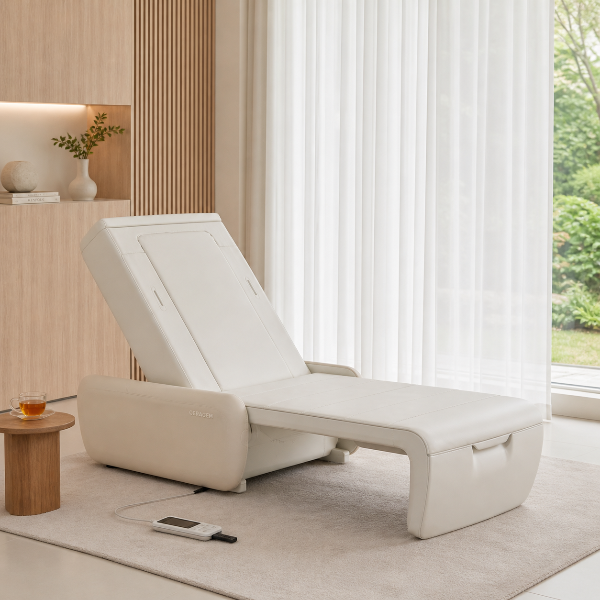 The beige Ceragem V9 massage chair in an upright position in a modern living room setting, highlighting adjustable positioning and everyday usability.