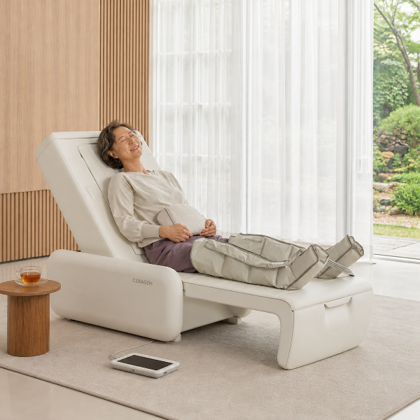 CERAGEM V9 massage bed providing spinal therapy in seated and reclined positions for everyday at-home wellness.