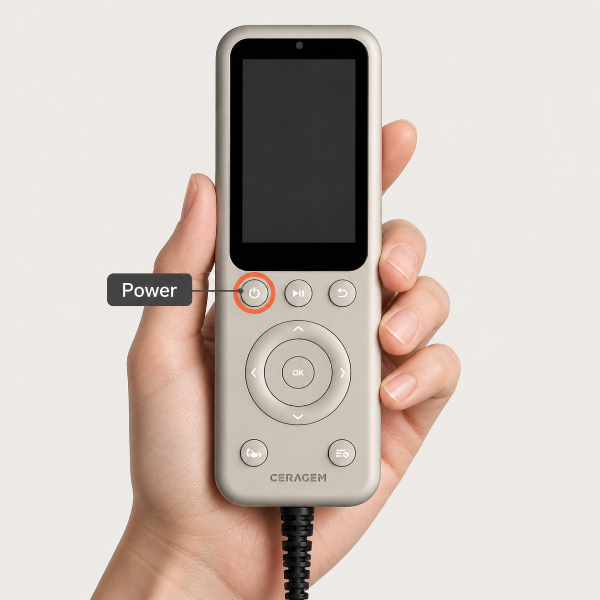 The Ceragem V9 Massage Bed beige handheld remote. 