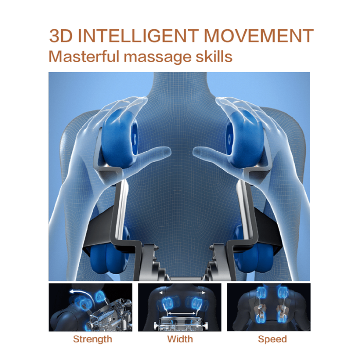 Chanenn C11 Pro Partner 3D model of hands demonstrating the massage rollers on a person's back with text '3D Intelligent Movement' and 'Masterful massage skills'.