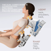 Dual-core massage system showing upper 4D and lower 3D mechanisms targeting neck, back, waist, and hips.