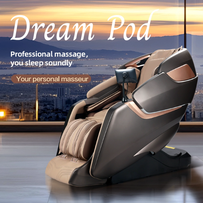 Chanenn C81 Pro Dreamer massage chair in brown shown in reclined position with city view background.