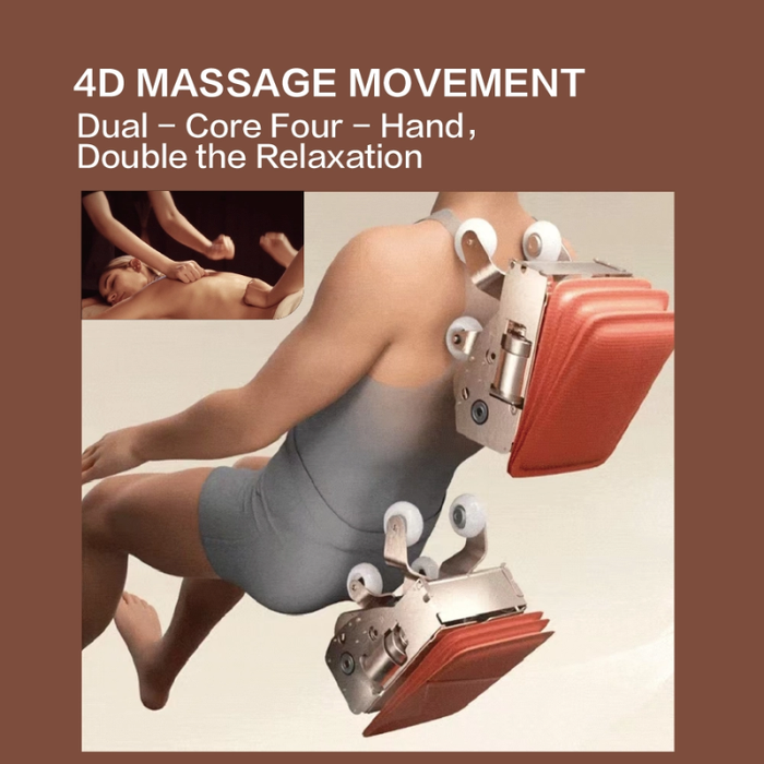 Dual core 4D massage mechanism demonstrating four-hand synchronized upper and lower body massage.