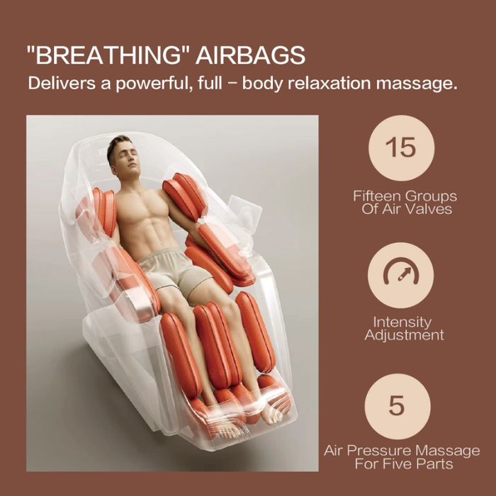 Full-body airbag massage system with multi-zone compression and adjustable intensity.