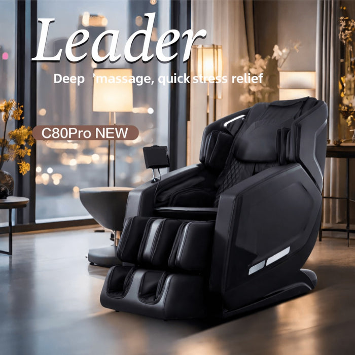 Chanenn C80 Pro Leader massage chair in black shown in modern living room with city skyline background.