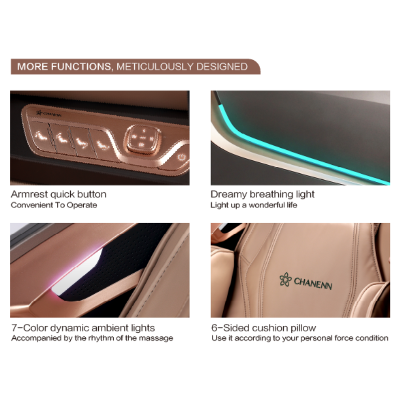 Chanenn C81 Pro Dreamer mjassage chair features including armrest quick controls, ambient lighting, breathing light, and adjustable cushion pillow.
