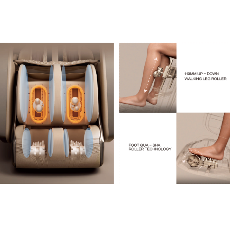 360 degree leg and foot massage system with vertical rollers and Gua Sha foot massage technology.