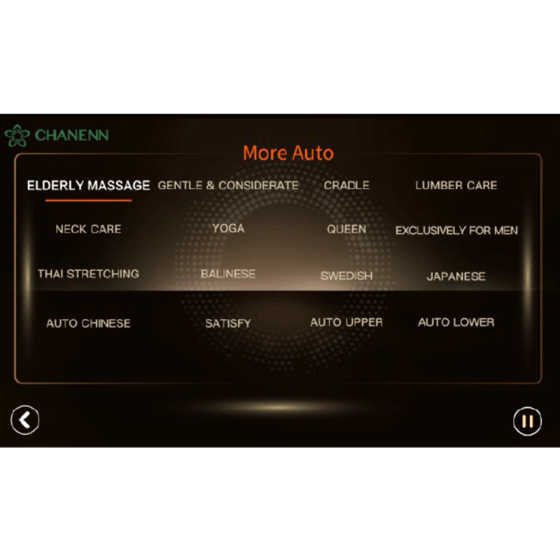 Massage chair control panel displaying 32 automatic wellness programs for customized massage routines.