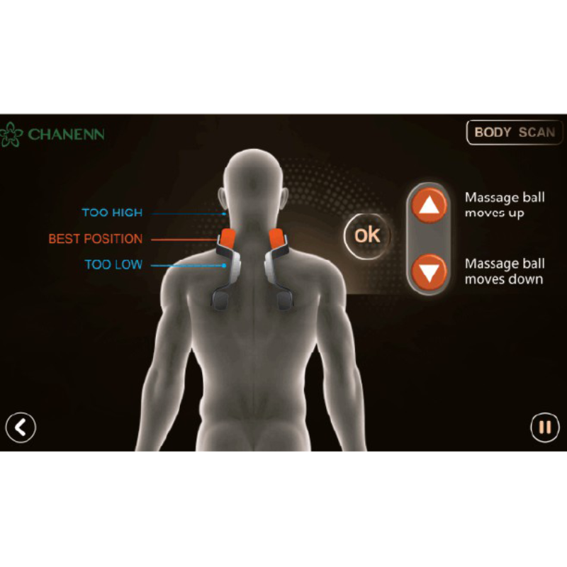 Massage chair performing automatic shoulder detection scan for personalized massage positioning.