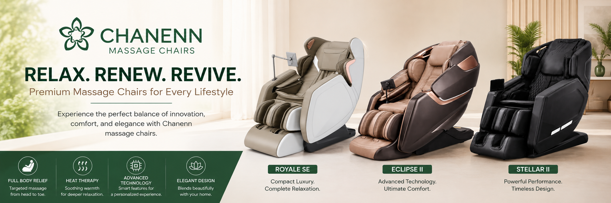 A promotional banner for Chanenn Massage Chairs showing three models: the Royale SE in beige and brown, the Eclipse in tan and brown, and the Stellar II in black. The banner includes the Chanenn logo, tagline 'RELAX.