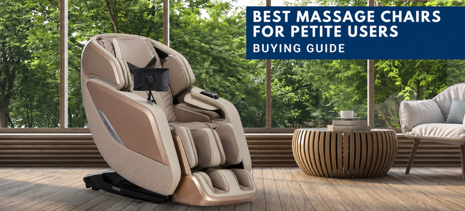Beige and cream massage chair in a modern living room with large windows and text “Best Massage Chairs for Petite Users Buying Guide”