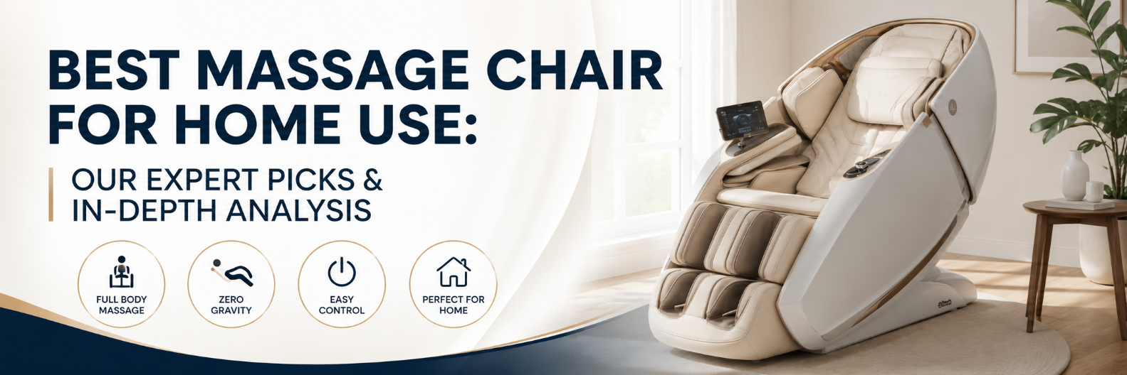 Cream Daiwa Supreme Hybrid X massage chair in a modern living room setting with bold text reading “Best Massage Chair for Home Use: Our Expert Picks & In-Depth Analysis.” The chair features a futuristic pod-style design, touchscreen controller, full-body air compression, and zero gravity recline styling.