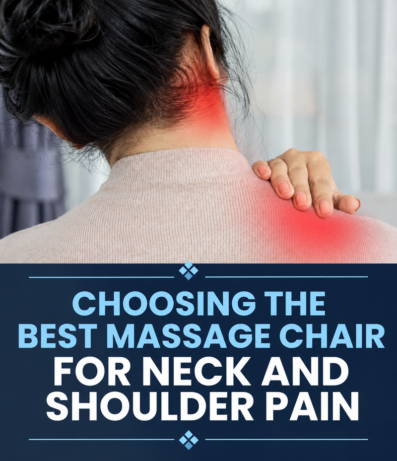 A person shown from the back with a hand on their shoulder and neck, with a red glow indicating neck and shoulder pain. Large text at the bottom reads, 'CHOOSING THE BEST MASSAGE CHAIR FOR NECK AND SHOULDER PAIN.