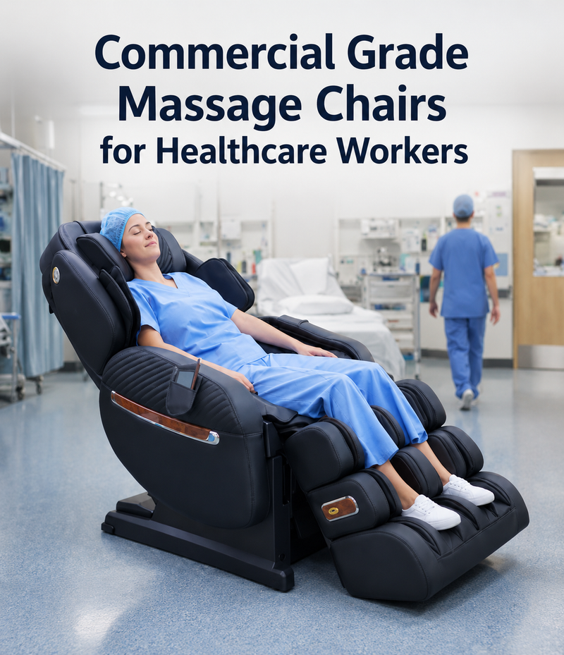 Commercial Grade Massage Chairs for Healthcare Workers mobile banner showing a healthcare worker relaxing in a massage chair.