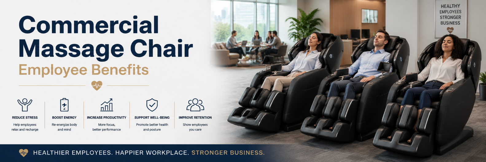 Employees relaxing in commercial massage chairs in a modern workplace wellness space, highlighting the benefits of stress reduction, increased productivity, and improved employee well-being.