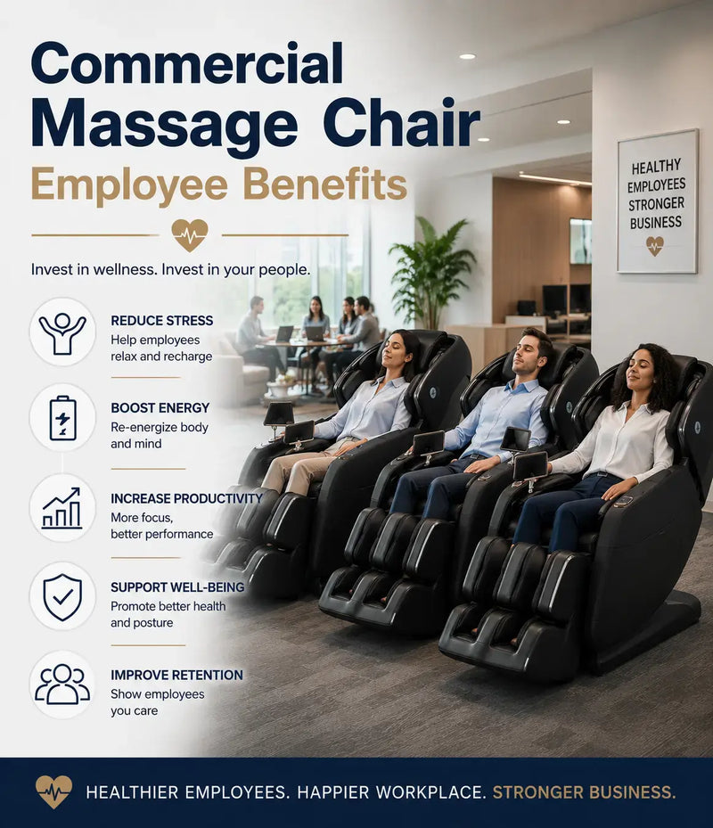 Commercial massage chairs helping employees relax and recharge in a corporate wellness area designed to support workplace health, retention, and productivity.