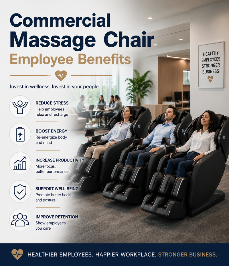 Commercial massage chairs helping employees relax and recharge in a corporate wellness area designed to support workplace health, retention, and productivity.