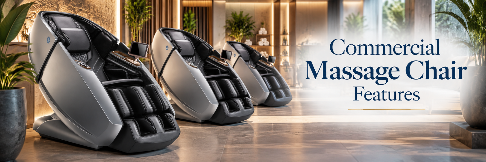 Multiple commercial massage chairs displayed in a luxurious spa and wellness setting.