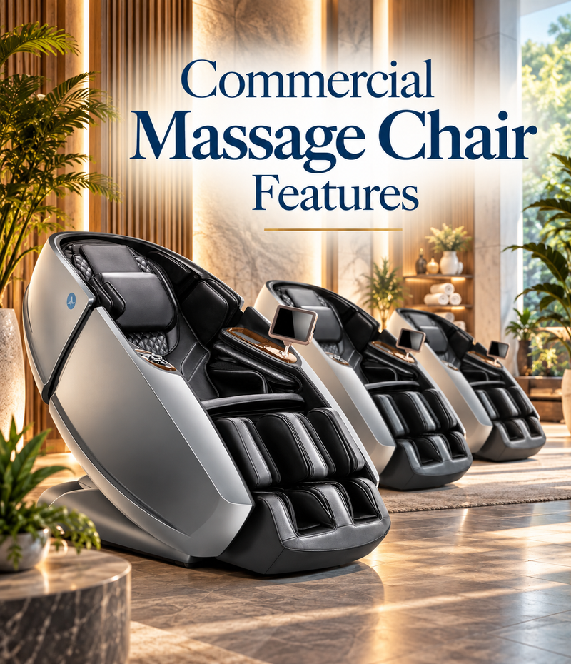 Row of commercial massage chairs in an upscale spa-inspired wellness space.