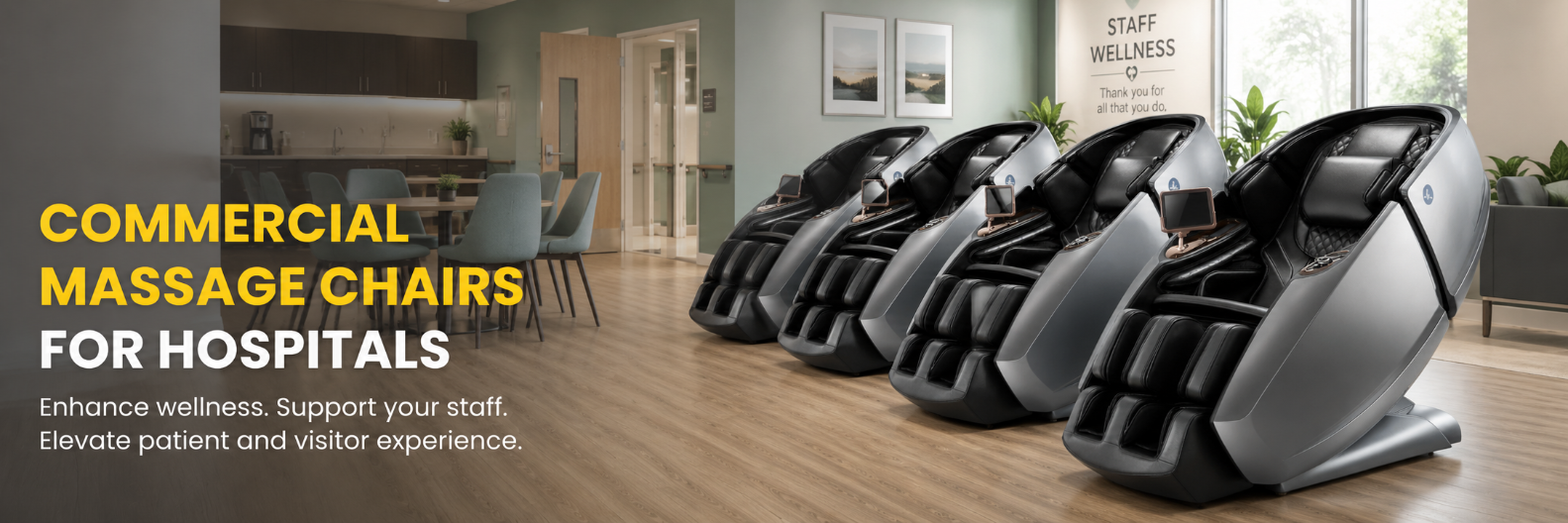 Row of Daiwa Supreme Hybrid commercial massage chairs in a modern hospital staff wellness lounge designed to support healthcare worker relaxation, recovery, and stress relief.