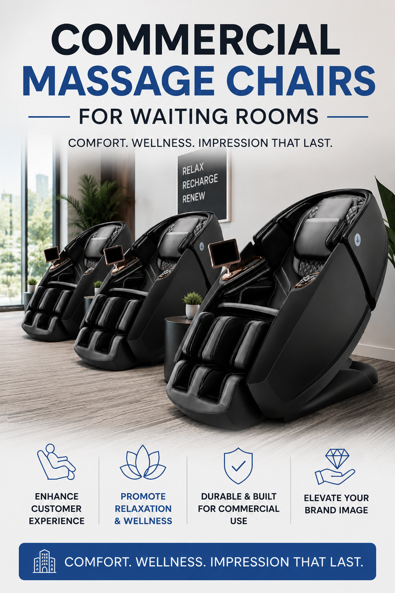 Commercial massage chairs in a waiting room setting with promotional text and icons.