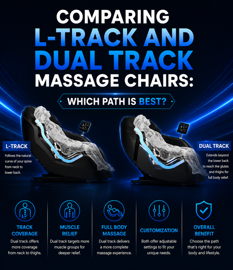 Mobile banner comparing L-track and dual-track massage chairs to help shoppers find the best track path.