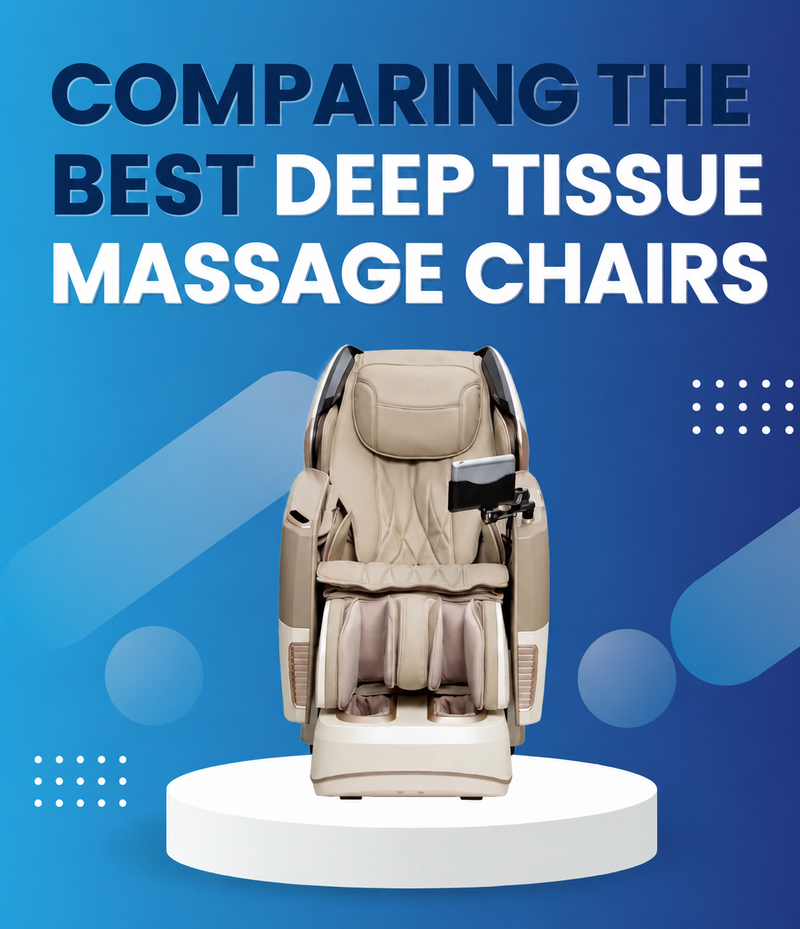 Beige massage chair on a white platform with a blue background and text about comparing the best deep tissue massage chairs.