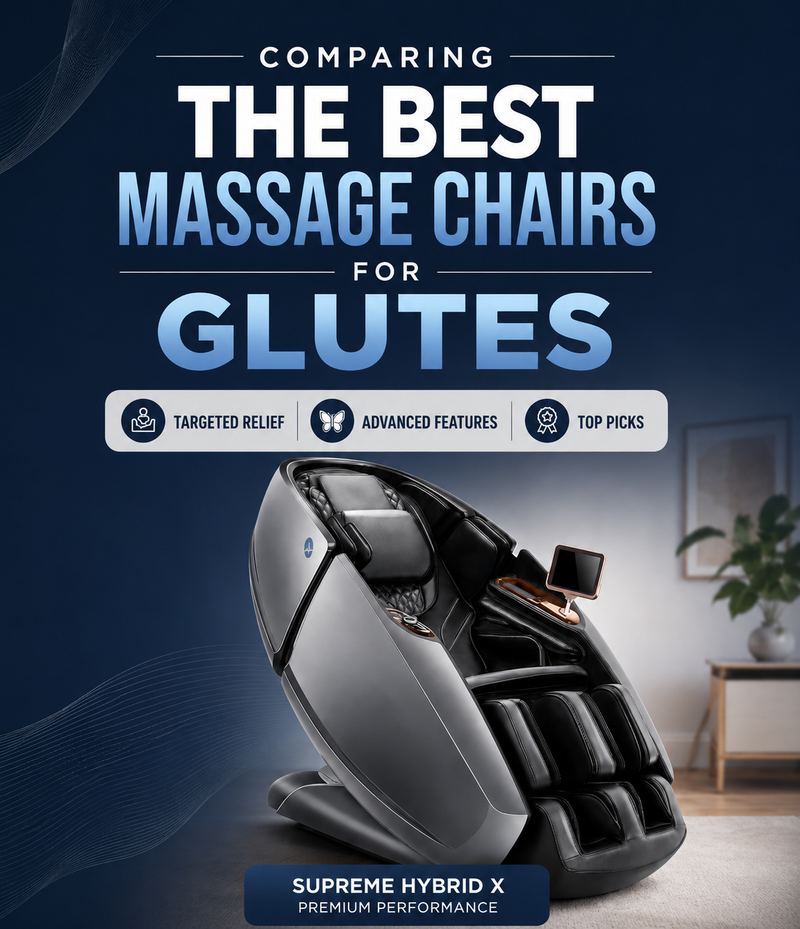 Mobile banner for “Comparing the Best Massage Chairs for Glutes” featuring a premium massage chair with targeted glute relief and advanced massage features.