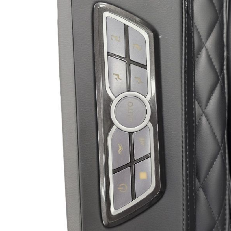 Close-up of the Osaki Kairos Duo quick-access panel on the armrest, with clearly labeled touch buttons for massage intensity and recline control.