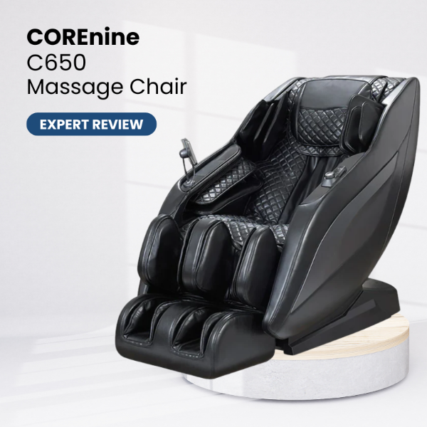 CoreNine C650 massage chair on a white background representing a product review.