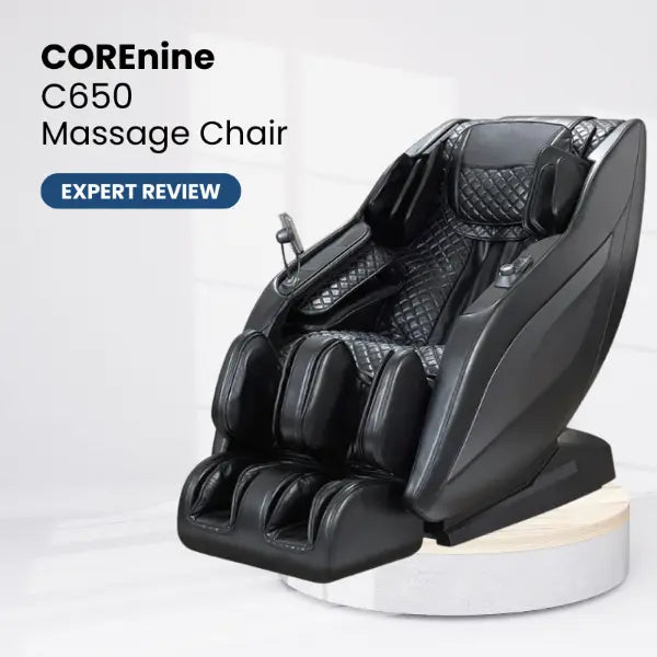 CoreNine C650 massage chair on a white background representing a product review.