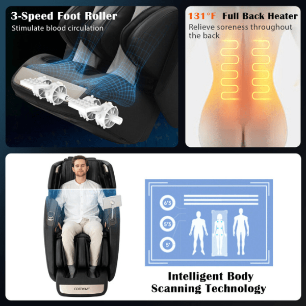 The Costway Massage Chair Costway 3D SL-Track Full Body Zero Gravity Massage Chair has 3D speed roller and full back heater.