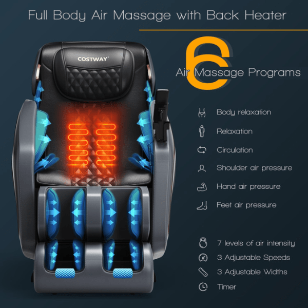 The Costway Massage Chair Costway 3D SL Track Thai Stretch Zero Gravity Full Body Massage Chair has full body air massage.
