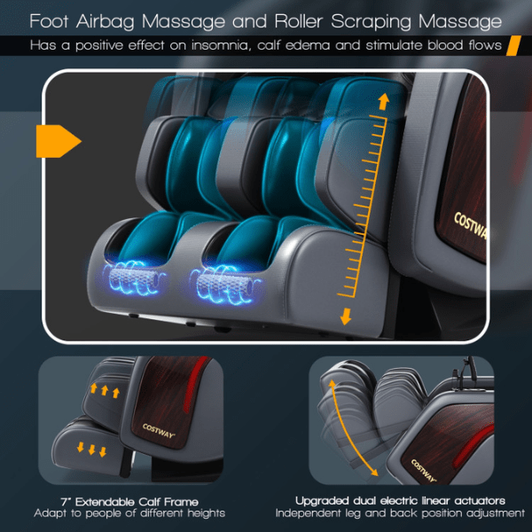 The Costway Massage Chair Costway 3D SL Track Thai Stretch Zero Gravity Full Body Massage Chair has a foot airbag massage.