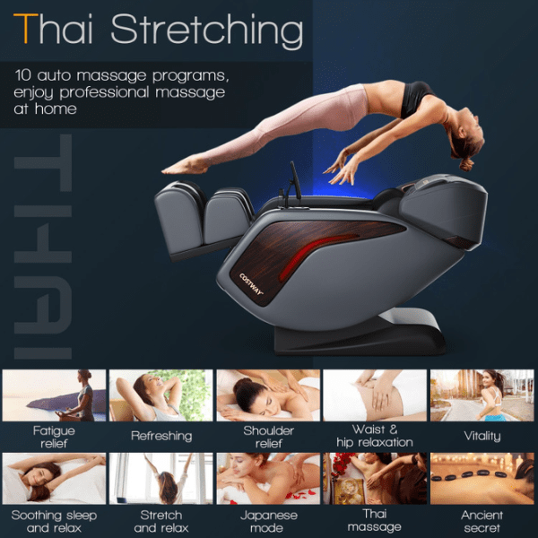 The Costway Massage Chair Costway 3D SL Track Thai Stretch Zero Gravity Full Body Massage Chair has 10 auto massage programs.