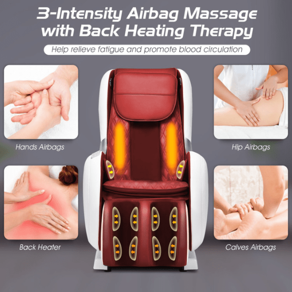 The Costway Full Body Zero Gravity Massage Chair Recliner with SL Track Heat has a 3-intensity airbag massage. 