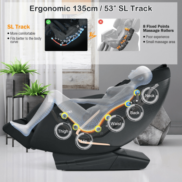 The Costway Massage Chair Costway Full Body Zero Gravity Massage Chair has an ergonomic 135 cm / 53" long SL Track. 