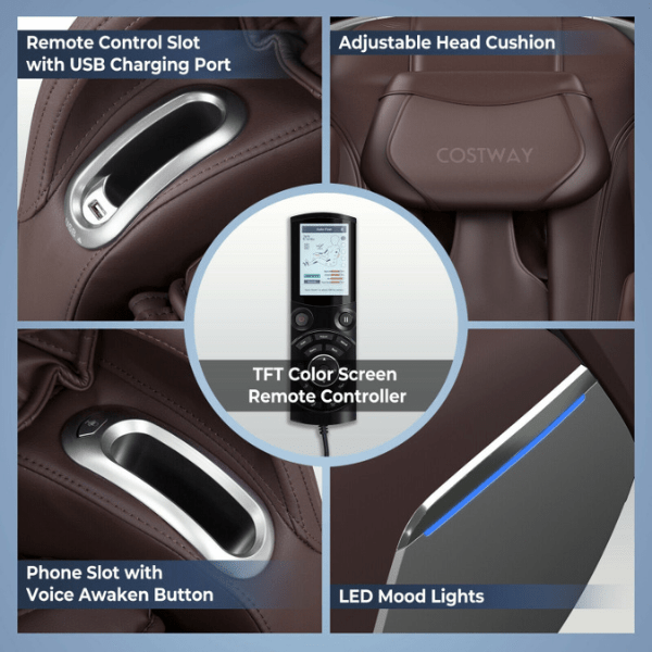 The Costway Massage Chair Costway Full Body Zero Gravity Massage Chair has a USB charging port, and adjustable head cushion.