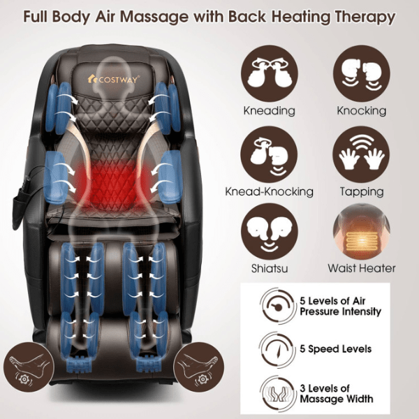 The Costway Costway Zero Gravity SL-Track Electric Shiatsu Massage Chair has full body air massage and back heating therapy. 