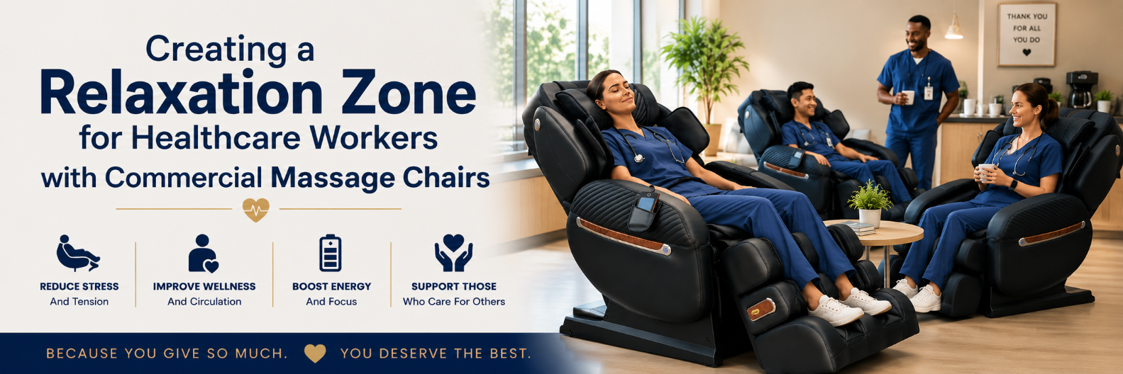 Healthcare workers relaxing in commercial massage chairs in a hospital break room designed to promote wellness, stress relief, and employee recovery.