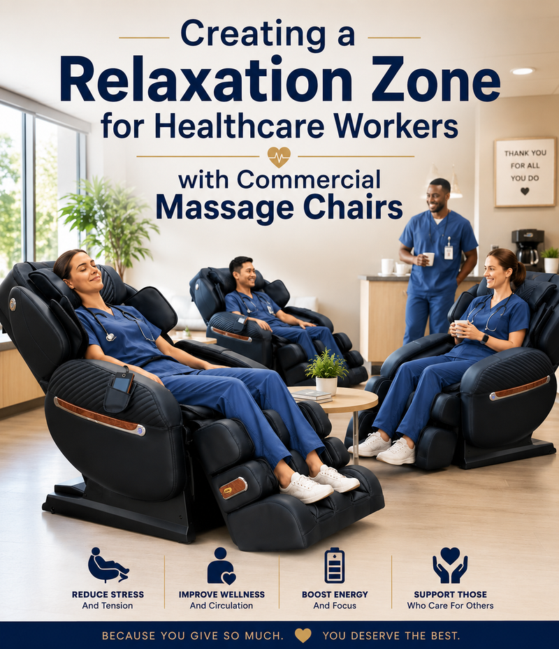 Creating a relaxation zone for healthcare workers with commercial massage chairs in a hospital staff lounge where nurses and medical professionals recharge between shifts.