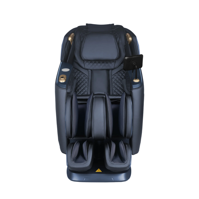 Front view of the black Daiwa Rumba massage chair in sleek matte black finish showing full-body recliner design with extended leg rest.