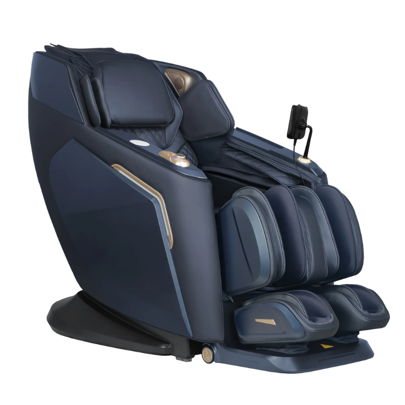 Black Daiwa Rumba massage chair featuring SL-track design, arms and calf rests extended, shown from front-side angle in matte black finish.