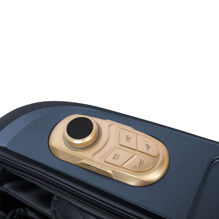 Arm controller with integrated buttons on the Daiwa Rumba massage chair for adjusting mode, intensity, and recline.