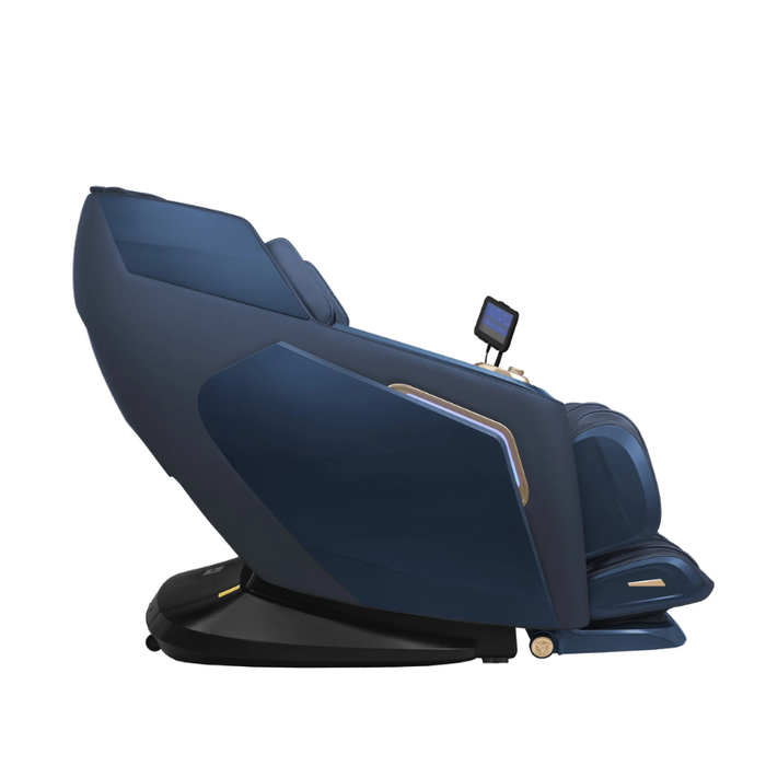 Side view of black Daiwa Rumba massage chair displaying extended leg rest and sleek reclined profile against white background.