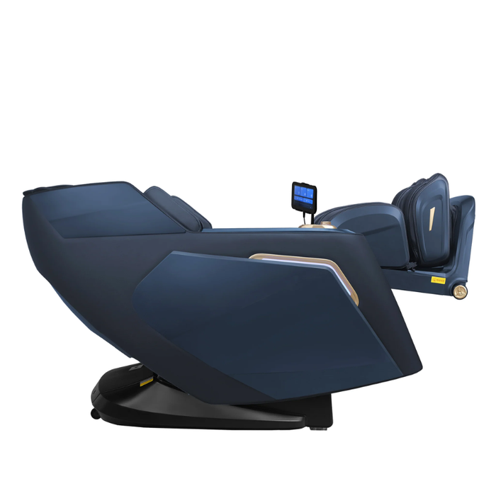 Side profile of the black Daiwa Rumba massage chair in deep zero-gravity recline, showcasing the fully extended leg rest and relaxed, weight-less seating position.
